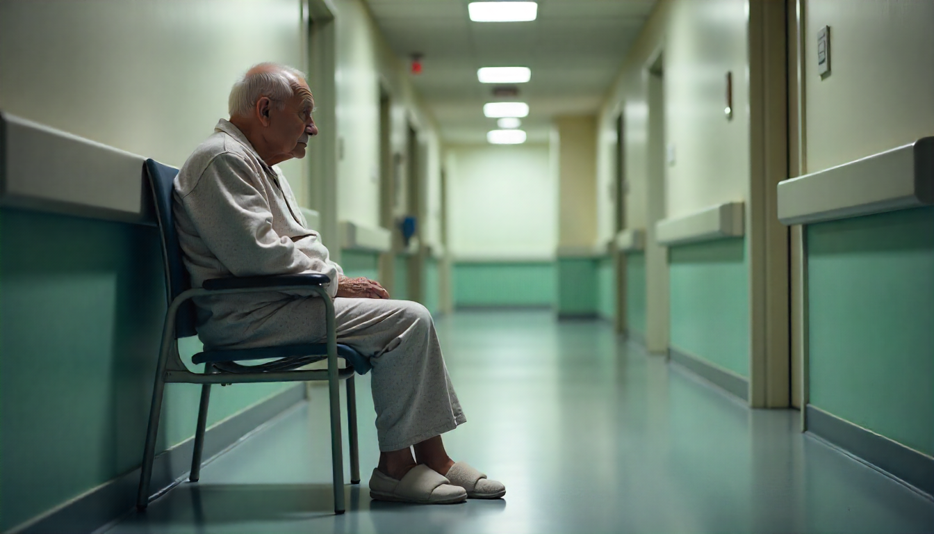 Idoso no hospital à espera 